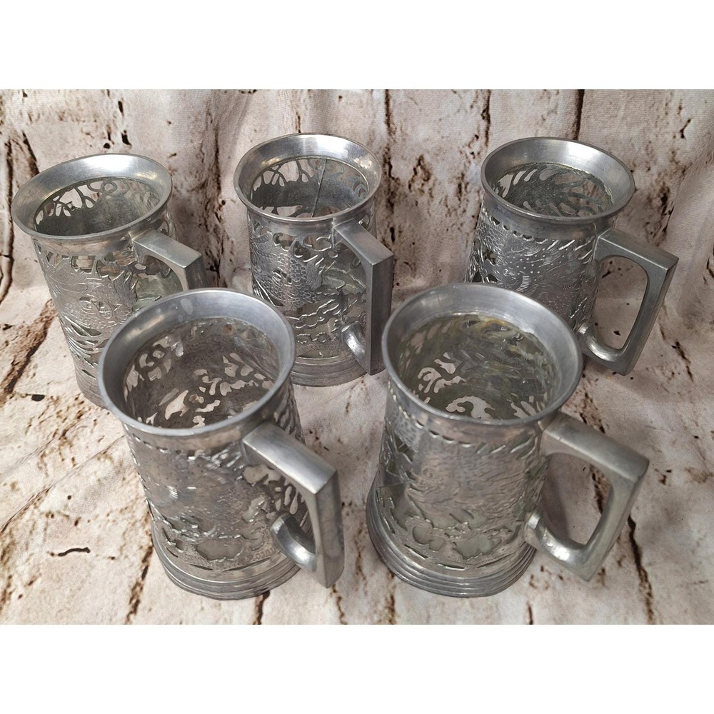 Set of 5 Vintage Chinese Dragon Pewter Mug Glass lined with Kim Soon makers mark